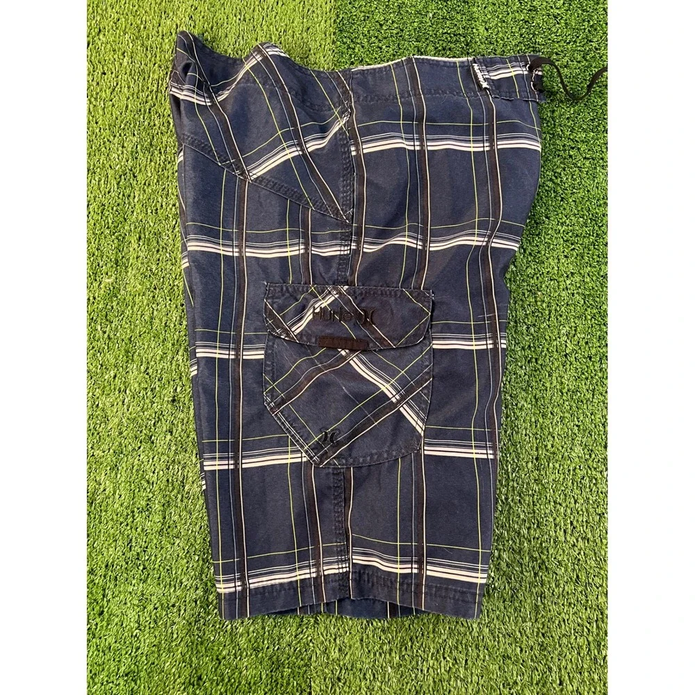 Hurley Mens Plaid Board Shorts Navy Blue Cargo Pocket Swim Trunks 32W